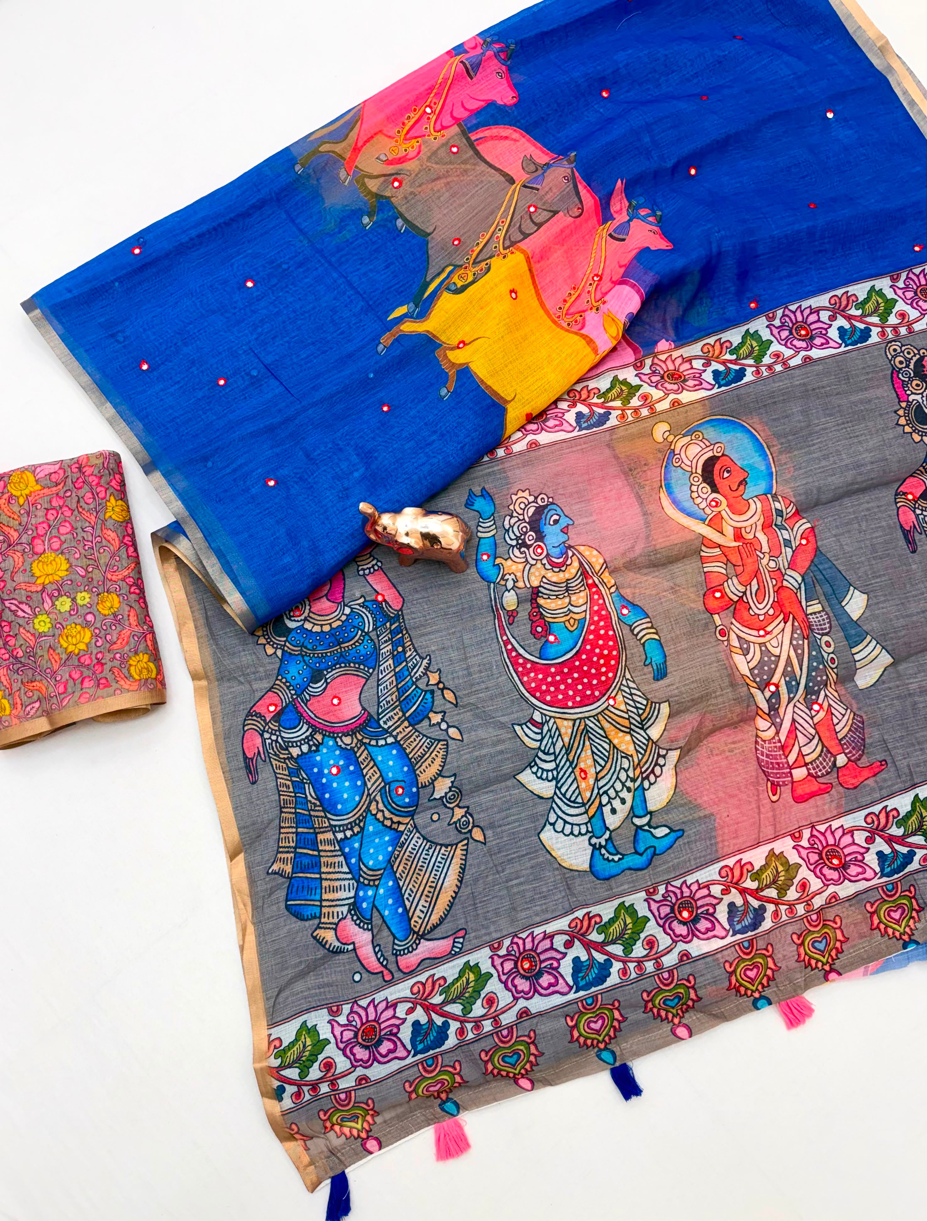 Whimsical Party Wear Linen Cotton Print n Aari Mirror Work Rich Pallu Saree With Contrast Blouse Piece
