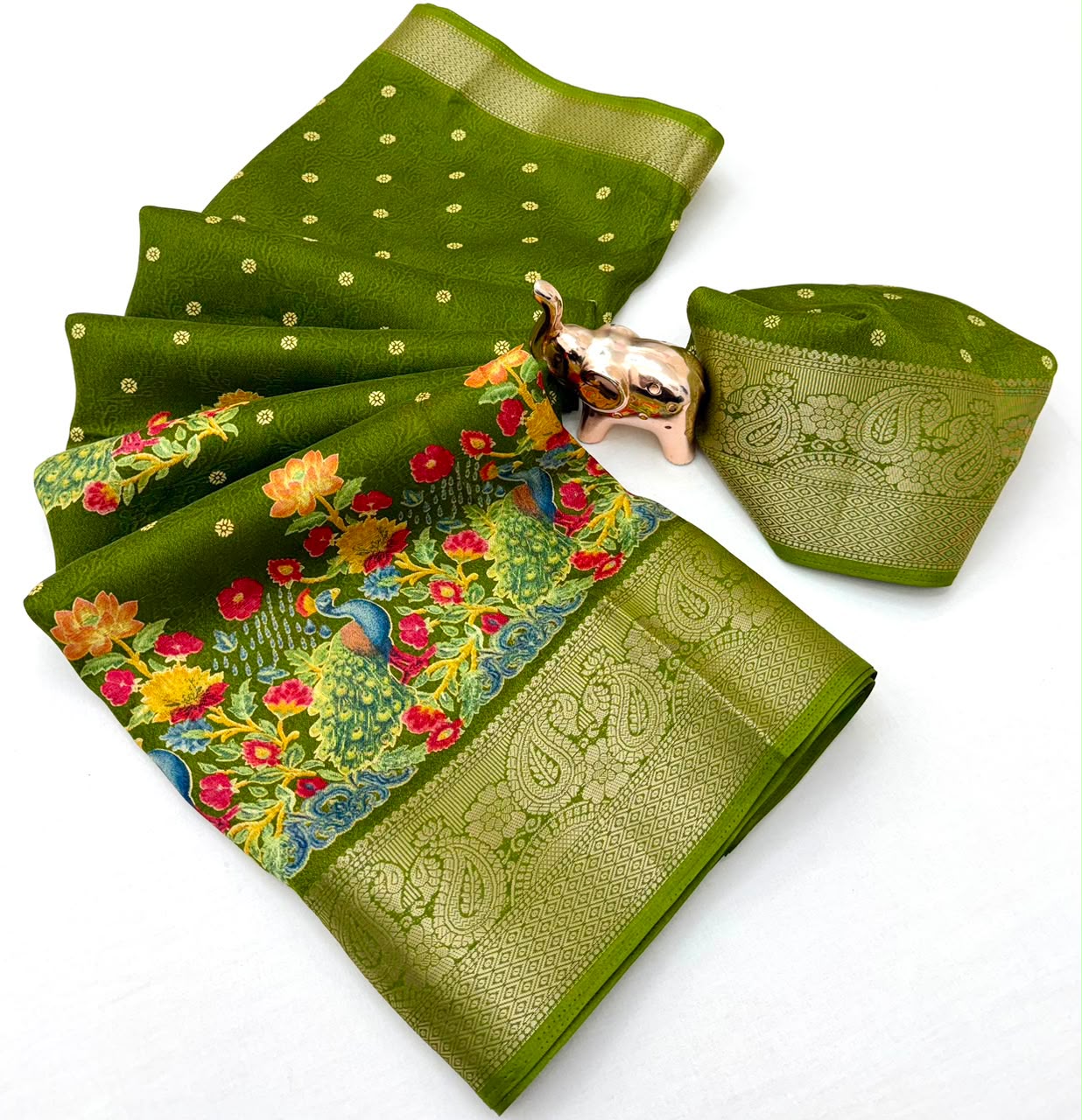 Divine Festive Wear Pure Soft Silk Kalamkari Print n Aari Mirror Work Rich Pallu Fancy Saree With Blouse Piece