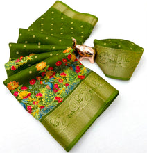 Load image into Gallery viewer, Divine Festive Wear Pure Soft Silk Kalamkari Print n Aari Mirror Work Rich Pallu Fancy Saree With Blouse Piece
