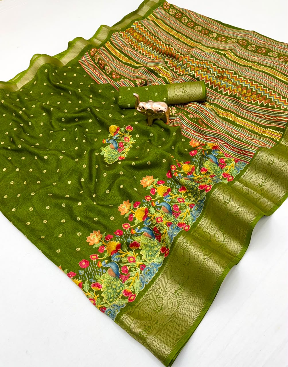 Divine Festive Wear Pure Soft Silk Kalamkari Print n Aari Mirror Work Rich Pallu Fancy Saree With Blouse Piece