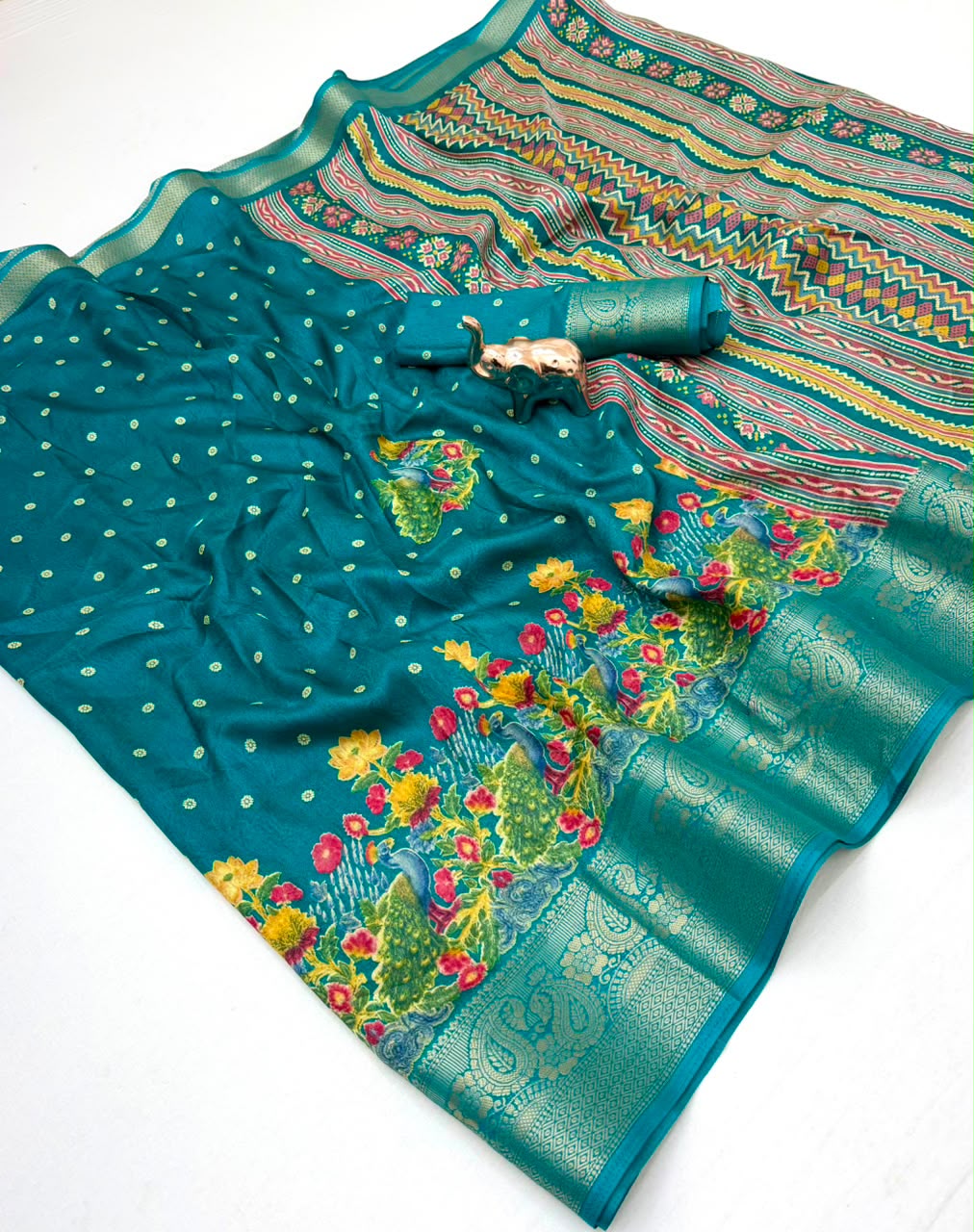 Divine Festive Wear Pure Soft Silk Kalamkari Print n Aari Mirror Work Rich Pallu Fancy Saree With Blouse Piece