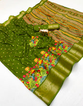 Load image into Gallery viewer, Divine Festive Wear Pure Soft Silk Kalamkari Print n Aari Mirror Work Rich Pallu Fancy Saree With Blouse Piece
