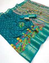 Load image into Gallery viewer, Divine Festive Wear Pure Soft Silk Kalamkari Print n Aari Mirror Work Rich Pallu Fancy Saree With Blouse Piece
