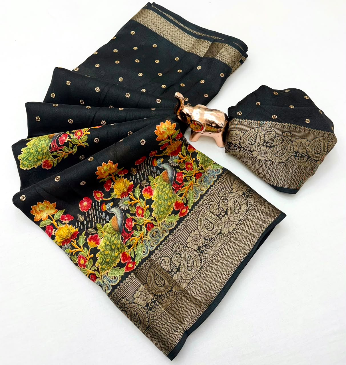 Divine Festive Wear Pure Soft Silk Kalamkari Print n Aari Mirror Work Rich Pallu Fancy Saree With Blouse Piece