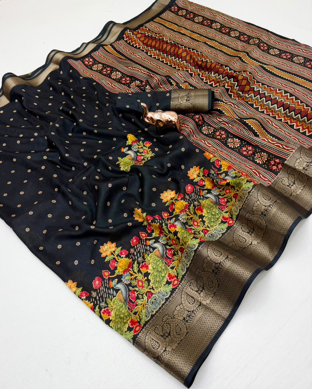 Divine Festive Wear Pure Soft Silk Kalamkari Print n Aari Mirror Work Rich Pallu Fancy Saree With Blouse Piece