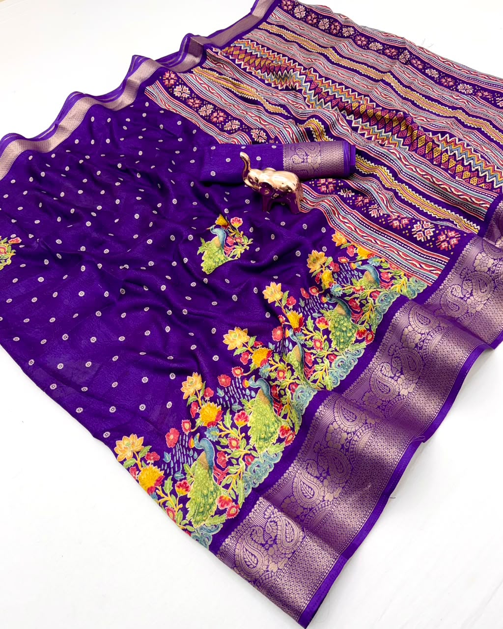 Divine Festive Wear Pure Soft Silk Kalamkari Print n Aari Mirror Work Rich Pallu Fancy Saree With Blouse Piece