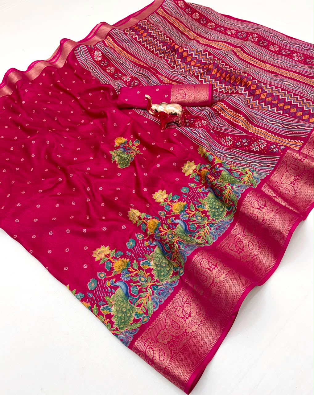Divine Festive Wear Pure Soft Silk Kalamkari Print n Aari Mirror Work Rich Pallu Fancy Saree With Blouse Piece