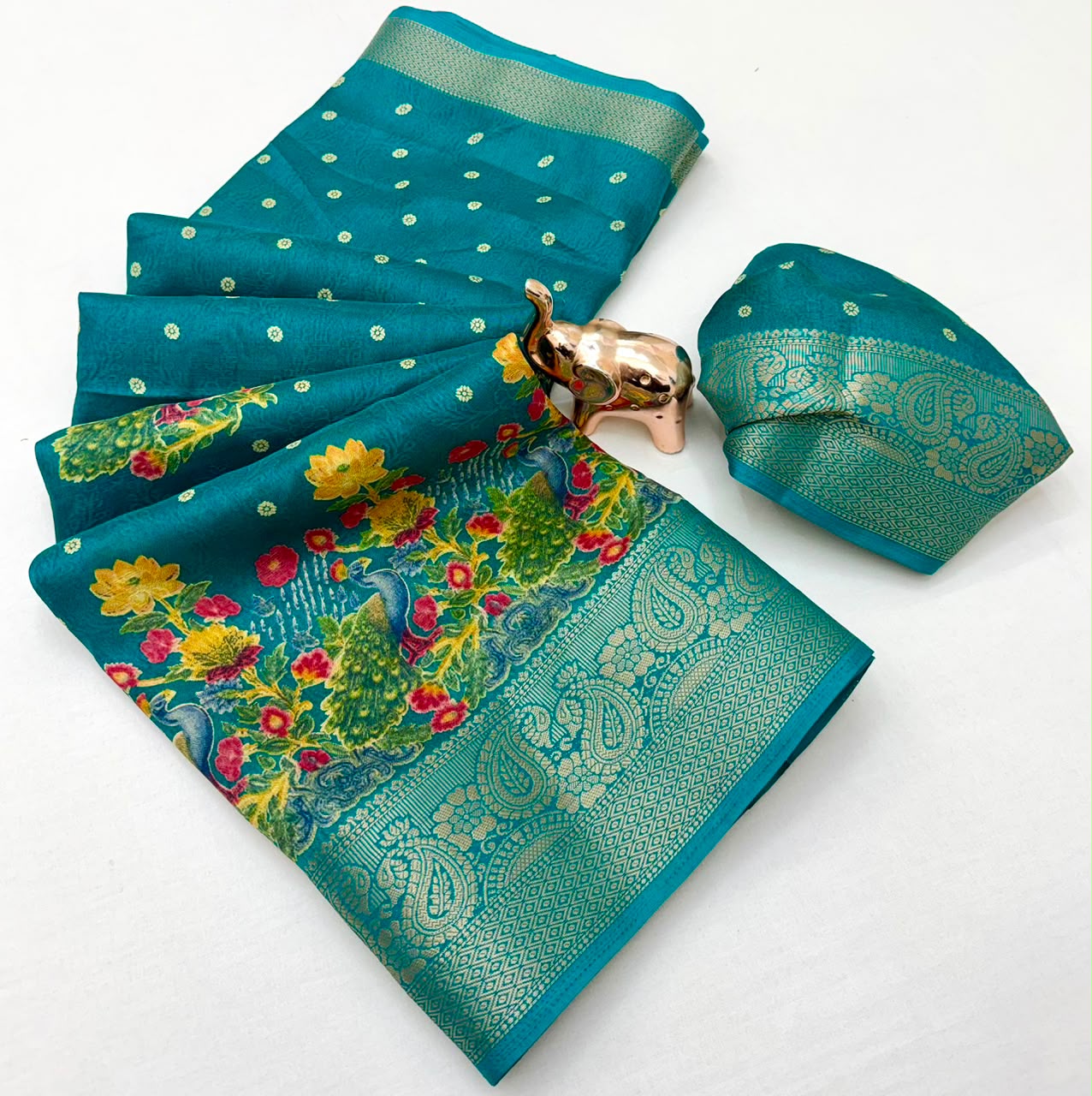 Divine Festive Wear Pure Soft Silk Kalamkari Print n Aari Mirror Work Rich Pallu Fancy Saree With Blouse Piece
