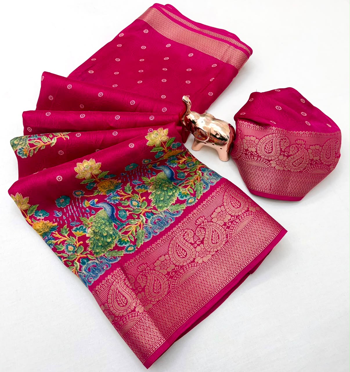 Divine Festive Wear Pure Soft Silk Kalamkari Print n Aari Mirror Work Rich Pallu Fancy Saree With Blouse Piece