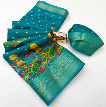 Load image into Gallery viewer, Divine Festive Wear Pure Soft Silk Kalamkari Print n Aari Mirror Work Rich Pallu Fancy Saree With Blouse Piece
