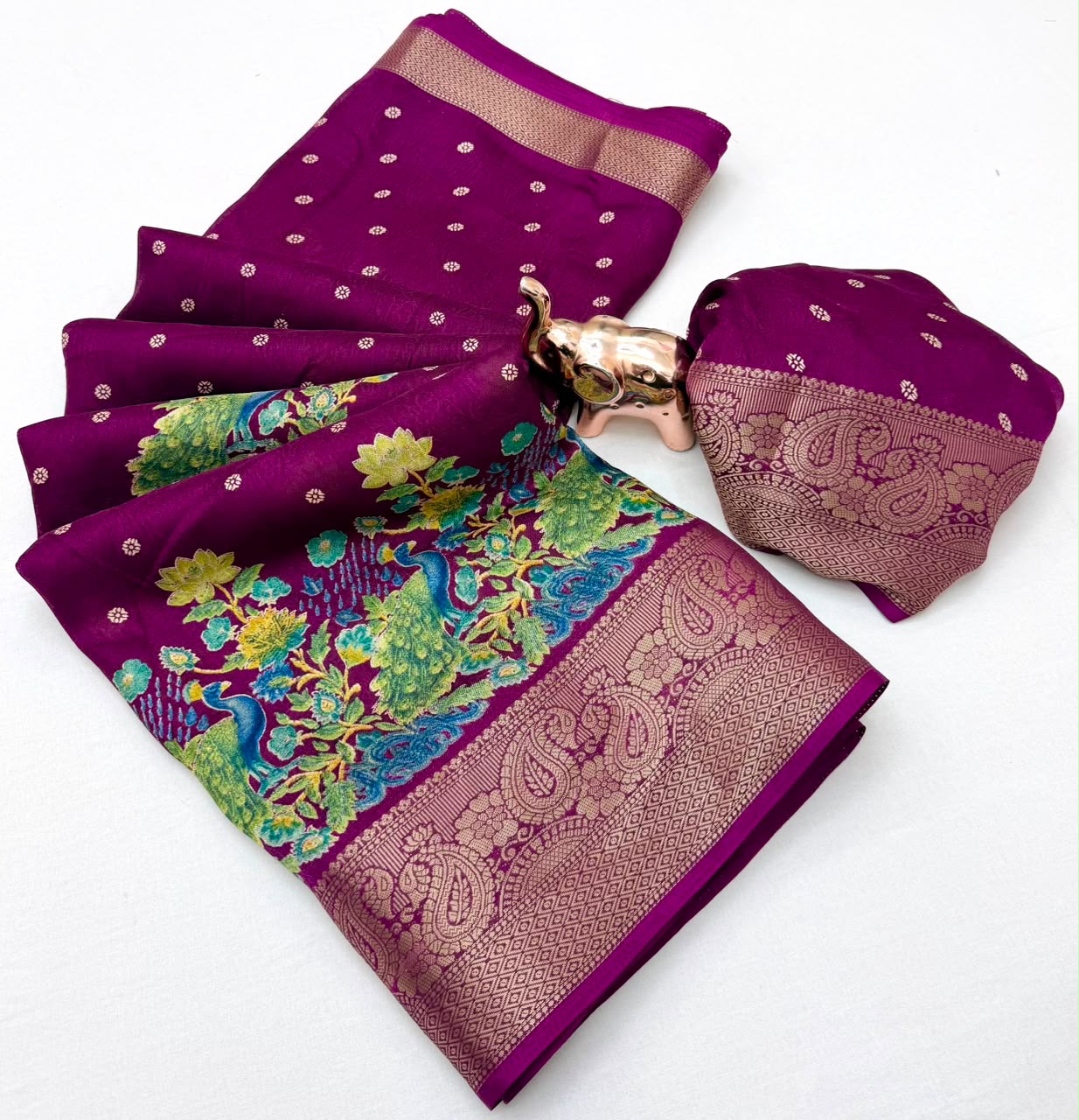 Divine Festive Wear Pure Soft Silk Kalamkari Print n Aari Mirror Work Rich Pallu Fancy Saree With Blouse Piece