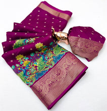 Load image into Gallery viewer, Divine Festive Wear Pure Soft Silk Kalamkari Print n Aari Mirror Work Rich Pallu Fancy Saree With Blouse Piece
