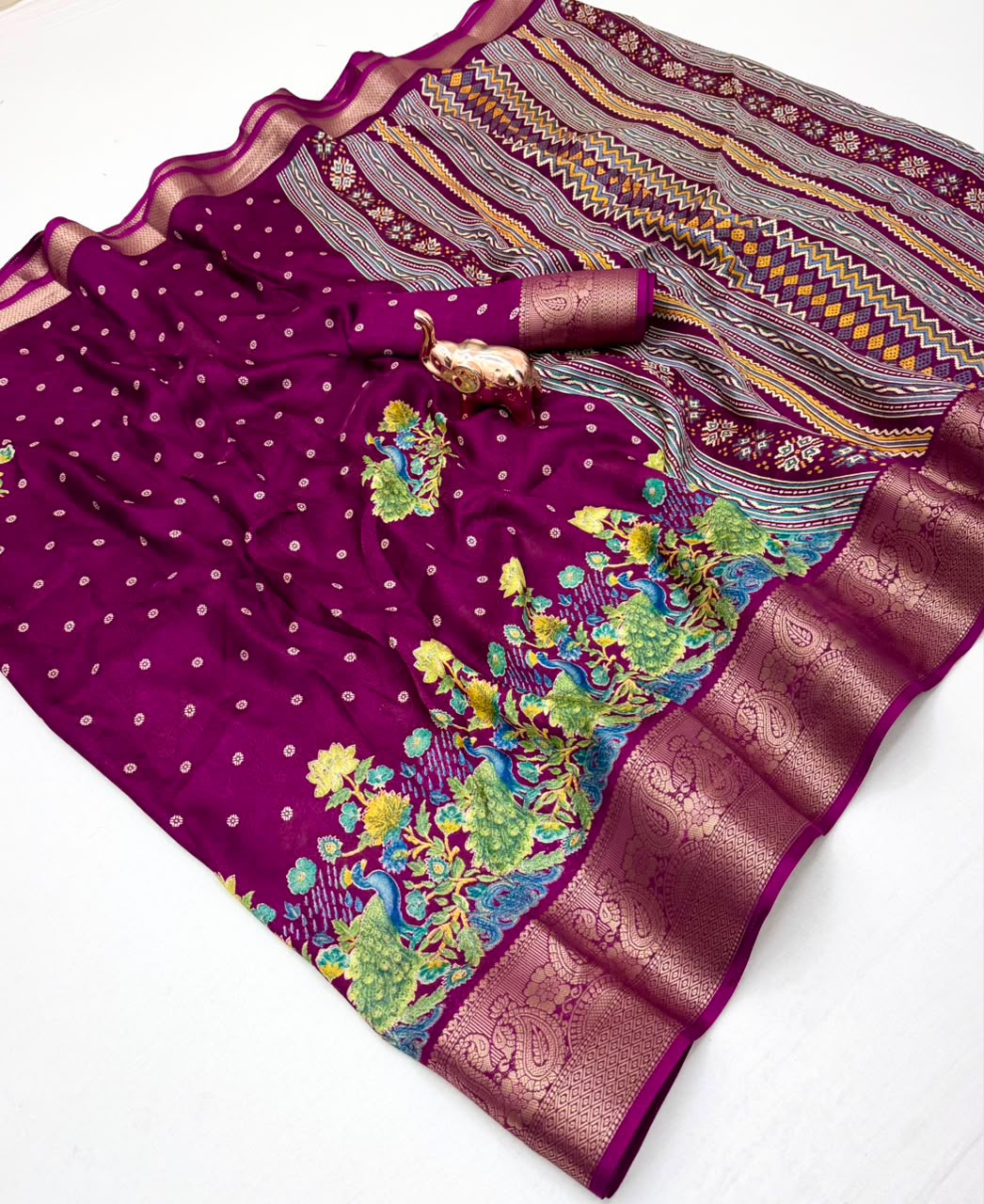 Divine Festive Wear Pure Soft Silk Kalamkari Print n Aari Mirror Work Rich Pallu Fancy Saree With Blouse Piece