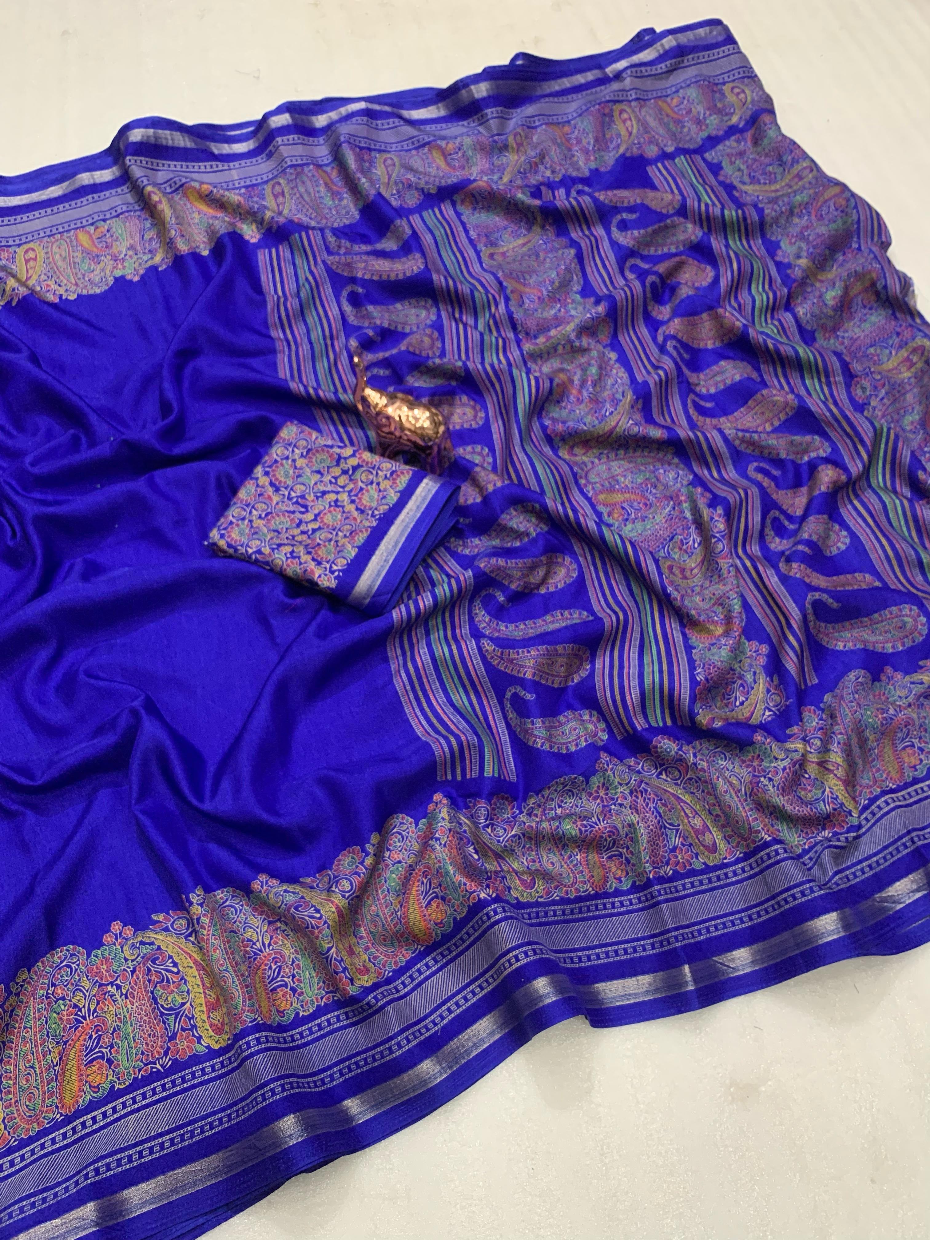 Charming Party Wear Pure Soft Tussar Silk Kashmiri Printed n Rich Pallu Border Fancy Saree With Blouse Piece