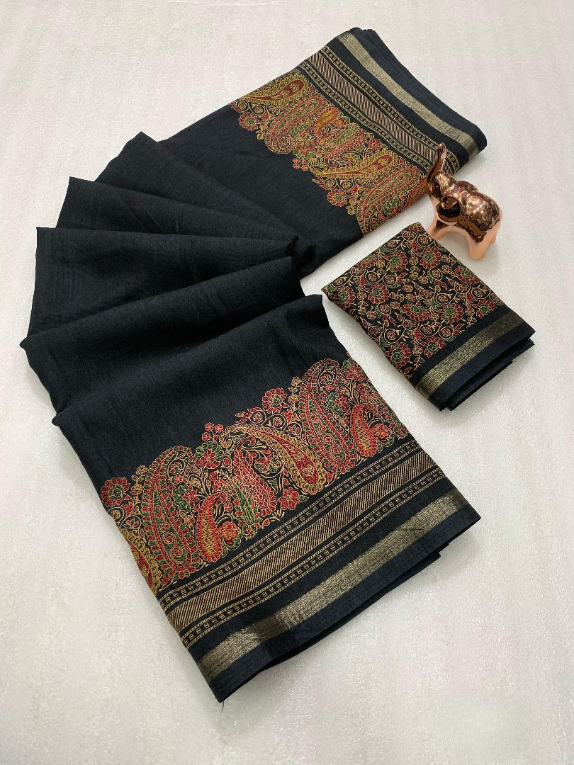 Charming Party Wear Pure Soft Tussar Silk Kashmiri Printed n Rich Pallu Border Fancy Saree With Blouse Piece