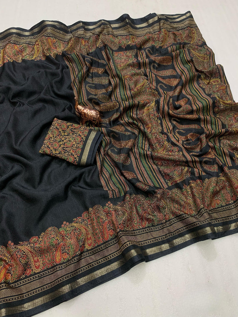 Charming Party Wear Pure Soft Tussar Silk Kashmiri Printed n Rich Pallu Border Fancy Saree With Blouse Piece