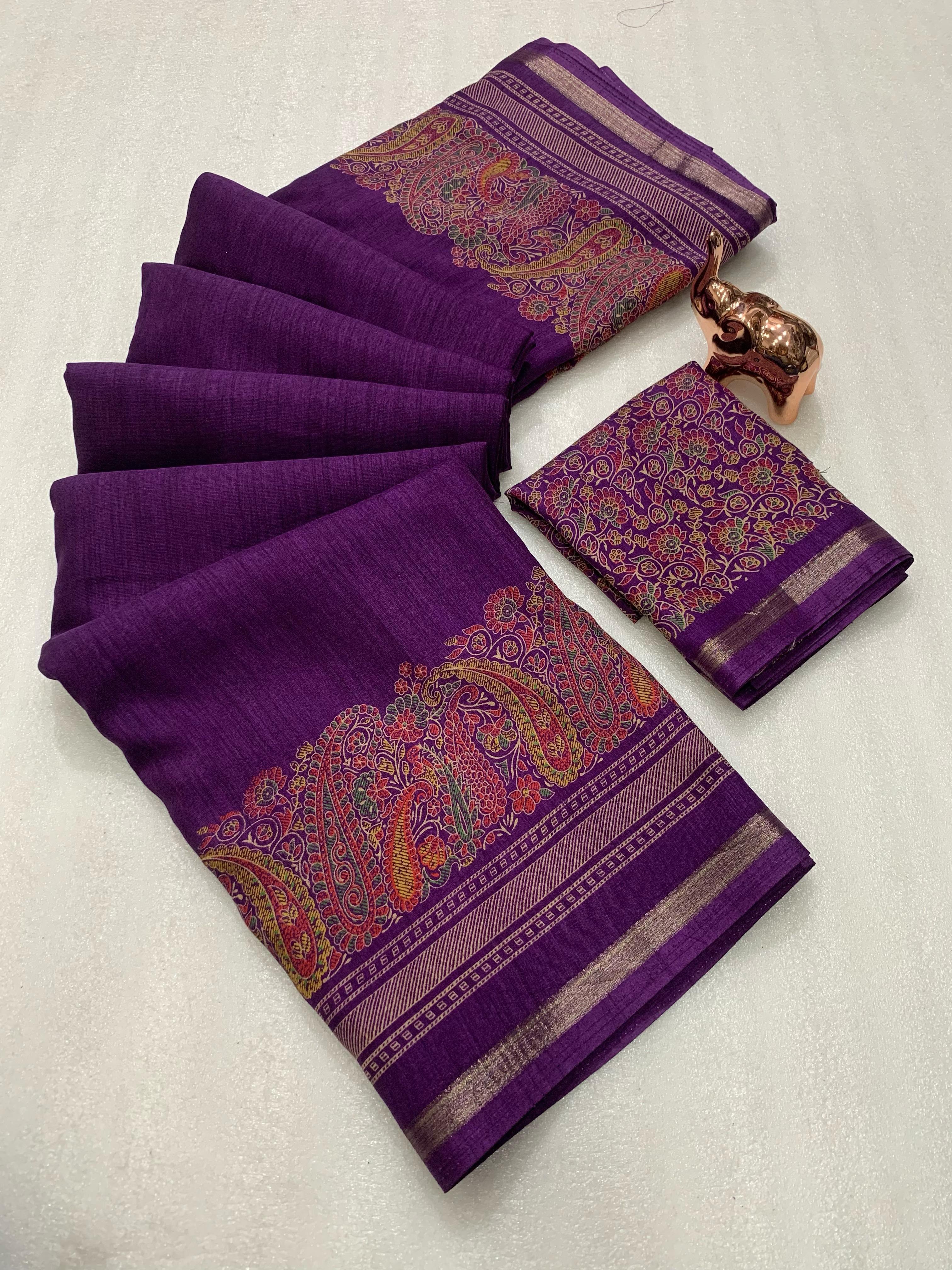 Charming Party Wear Pure Soft Tussar Silk Kashmiri Printed n Rich Pallu Border Fancy Saree With Blouse Piece