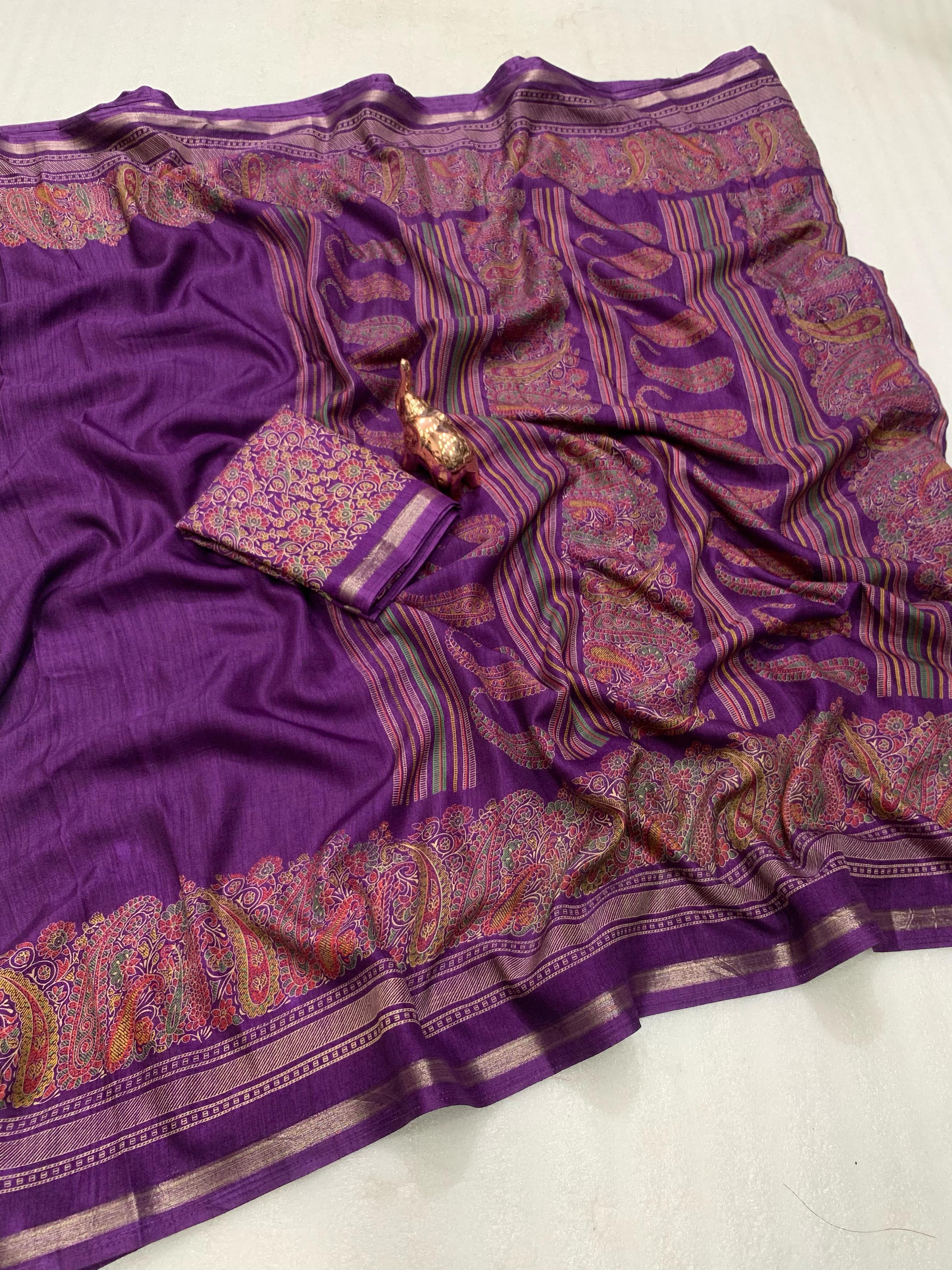 Charming Party Wear Pure Soft Tussar Silk Kashmiri Printed n Rich Pallu Border Fancy Saree With Blouse Piece