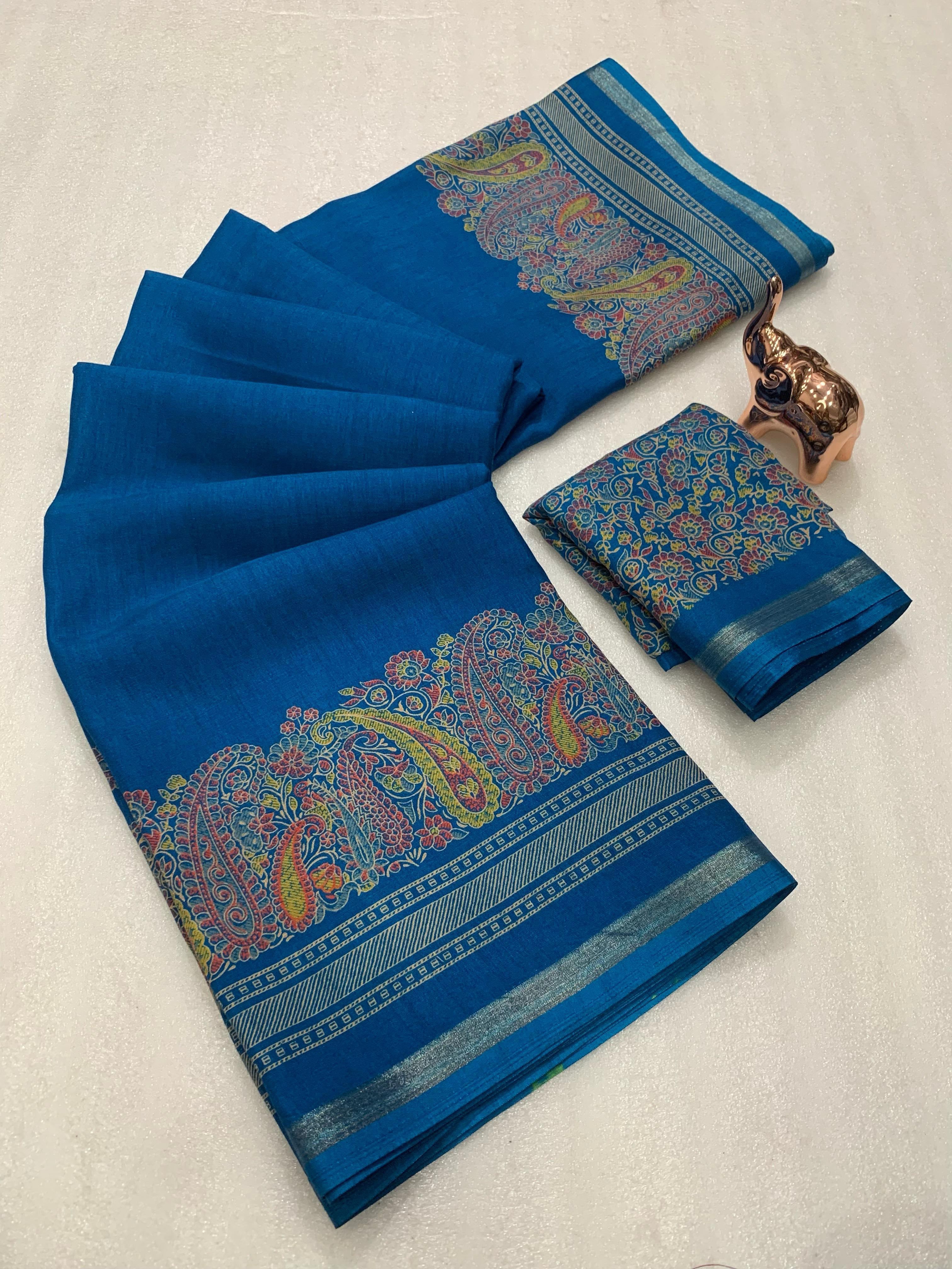Charming Party Wear Pure Soft Tussar Silk Kashmiri Printed n Rich Pallu Border Fancy Saree With Blouse Piece