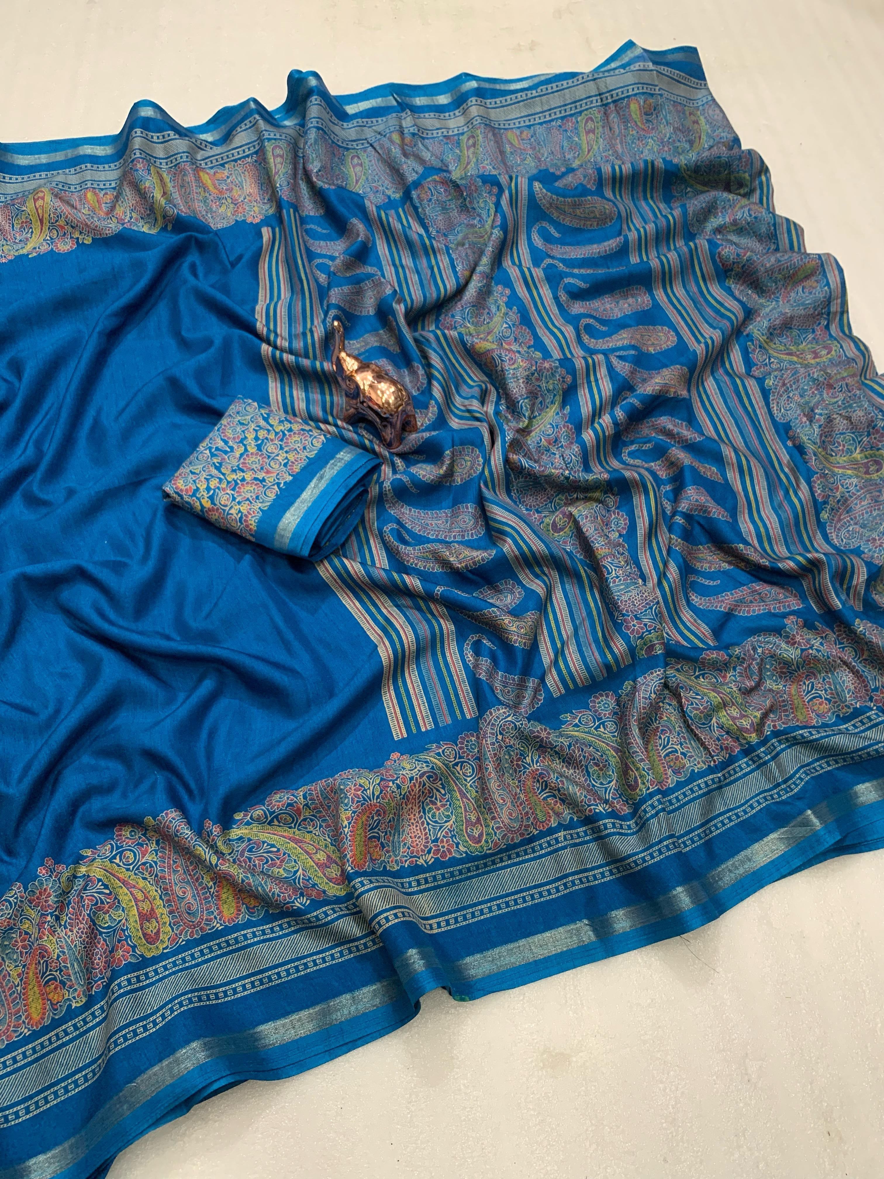Charming Party Wear Pure Soft Tussar Silk Kashmiri Printed n Rich Pallu Border Fancy Saree With Blouse Piece