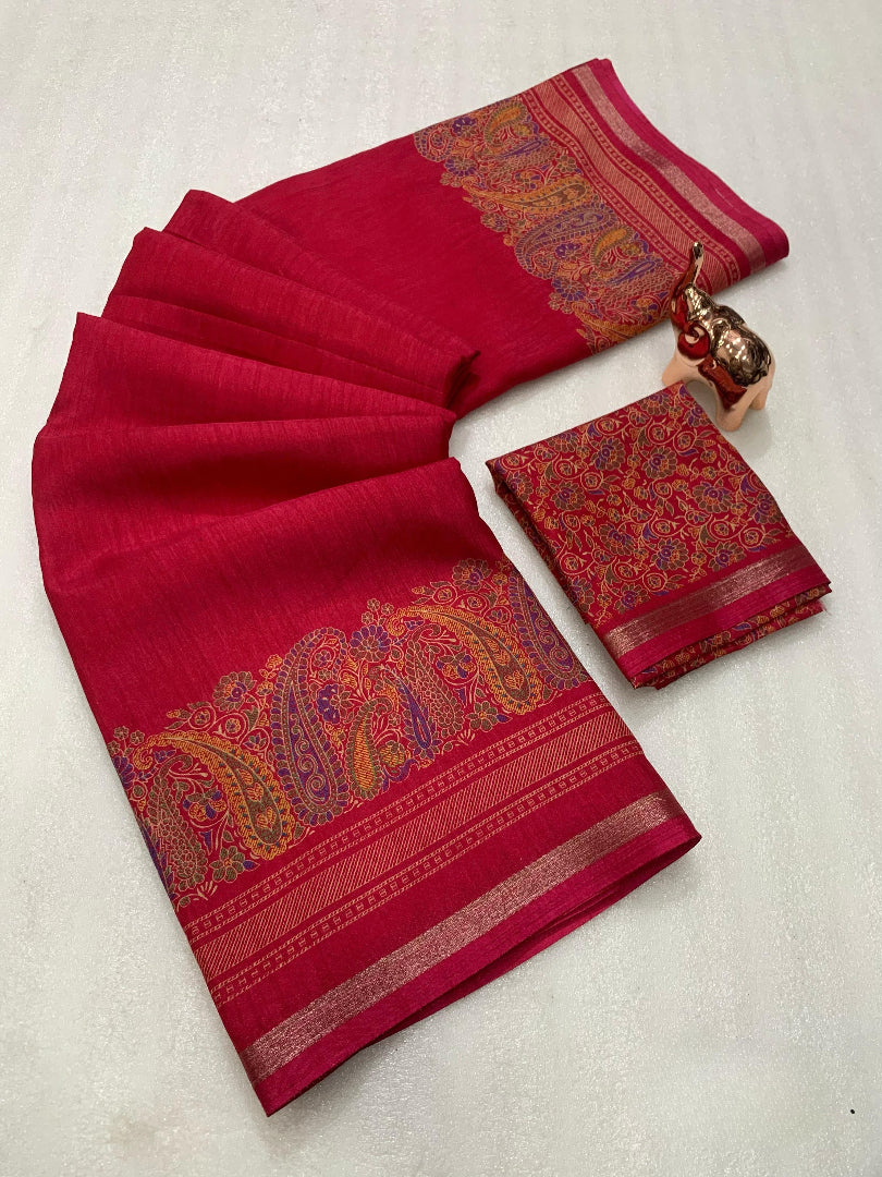 Charming Party Wear Pure Soft Tussar Silk Kashmiri Printed n Rich Pallu Border Fancy Saree With Blouse Piece