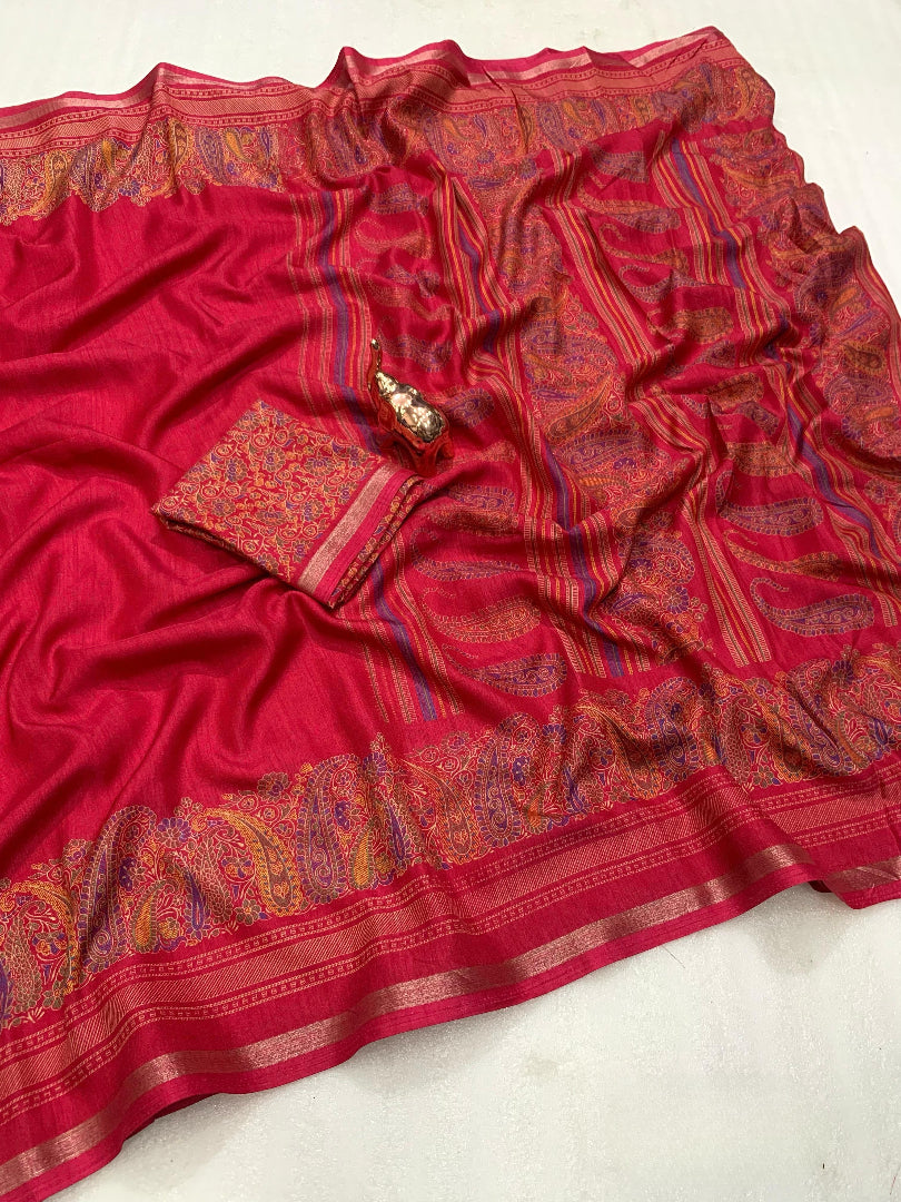 Charming Party Wear Pure Soft Tussar Silk Kashmiri Printed n Rich Pallu Border Fancy Saree With Blouse Piece