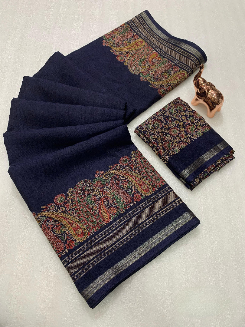 Charming Party Wear Pure Soft Tussar Silk Kashmiri Printed n Rich Pallu Border Fancy Saree With Blouse Piece