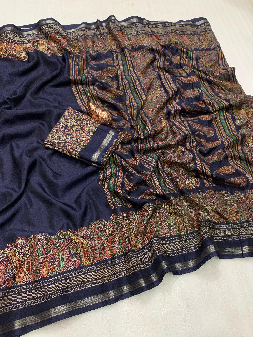 Charming Party Wear Pure Soft Tussar Silk Kashmiri Printed n Rich Pallu Border Fancy Saree With Blouse Piece