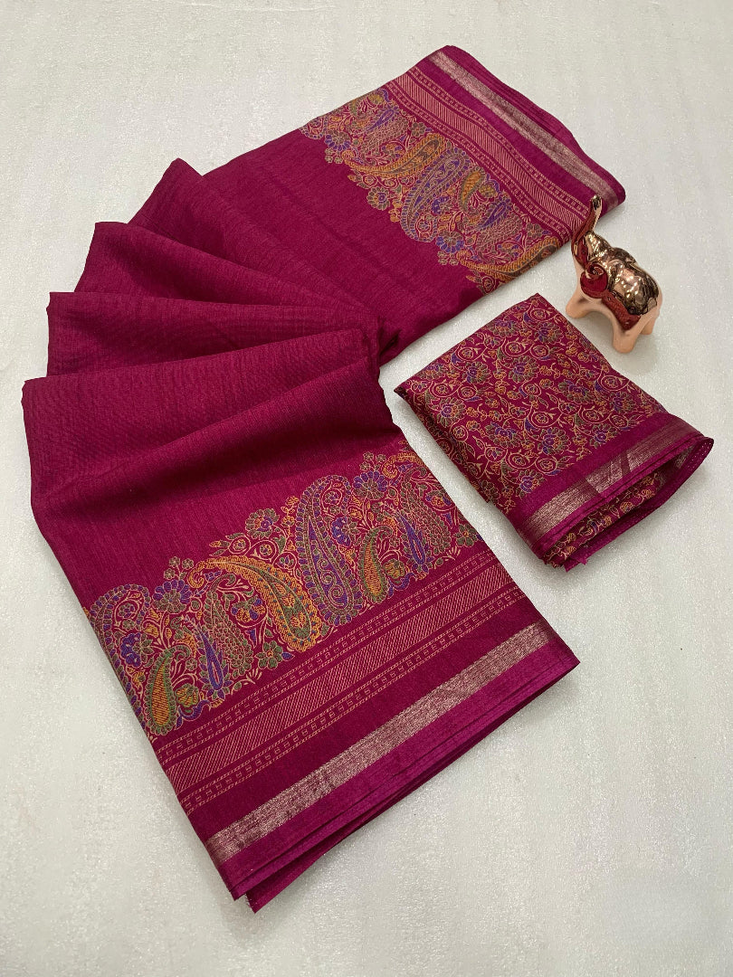 Charming Party Wear Pure Soft Tussar Silk Kashmiri Printed n Rich Pallu Border Fancy Saree With Blouse Piece