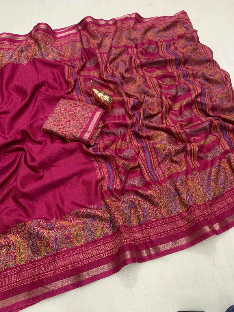 Charming Party Wear Pure Soft Tussar Silk Kashmiri Printed n Rich Pallu Border Fancy Saree With Blouse Piece