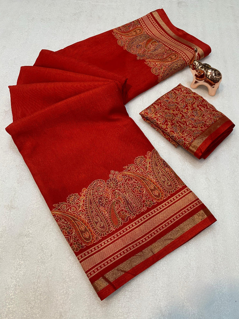 Charming Party Wear Pure Soft Tussar Silk Kashmiri Printed n Rich Pallu Border Fancy Saree With Blouse Piece