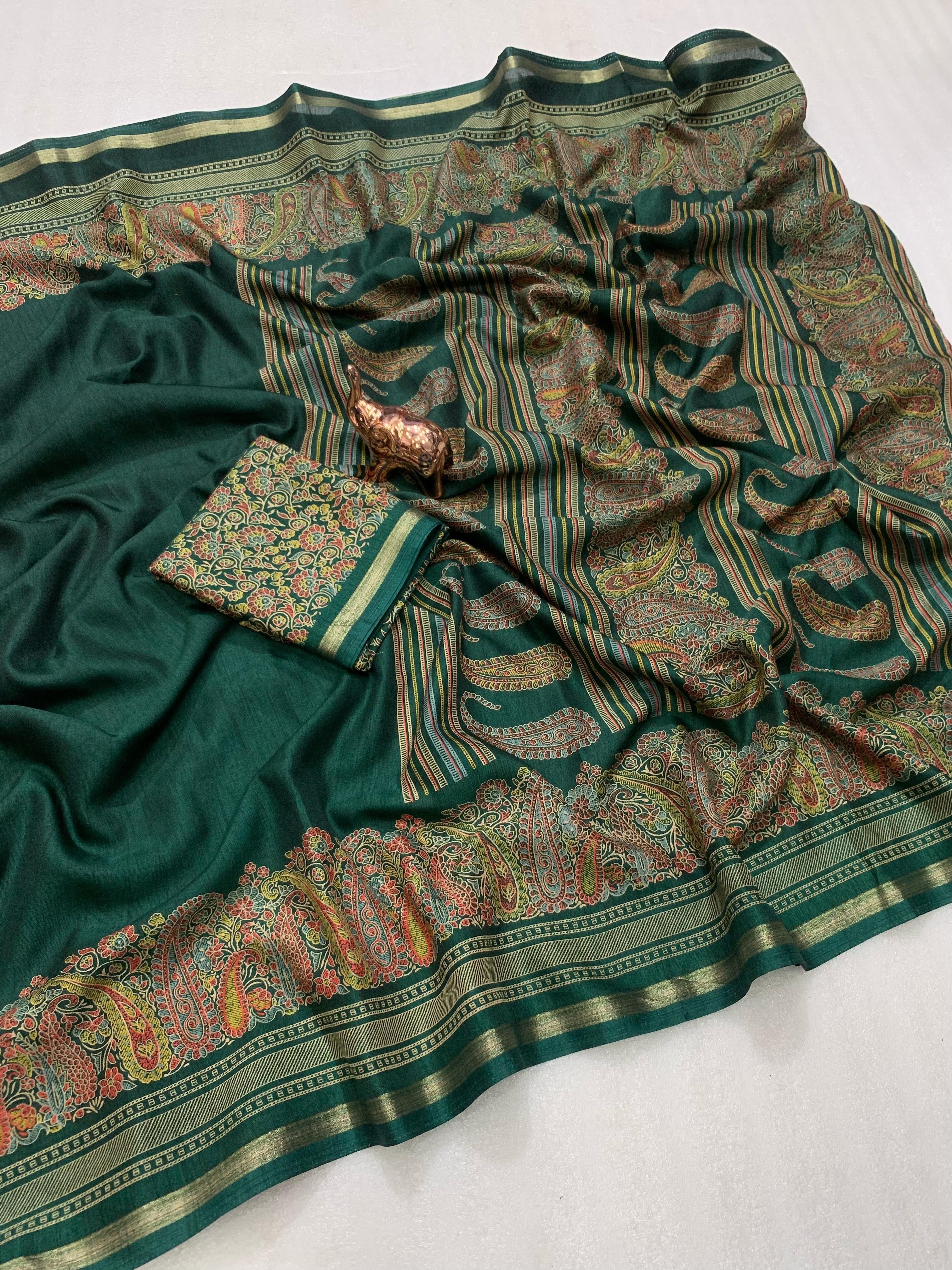 Charming Party Wear Pure Soft Tussar Silk Kashmiri Printed n Rich Pallu Border Fancy Saree With Blouse Piece