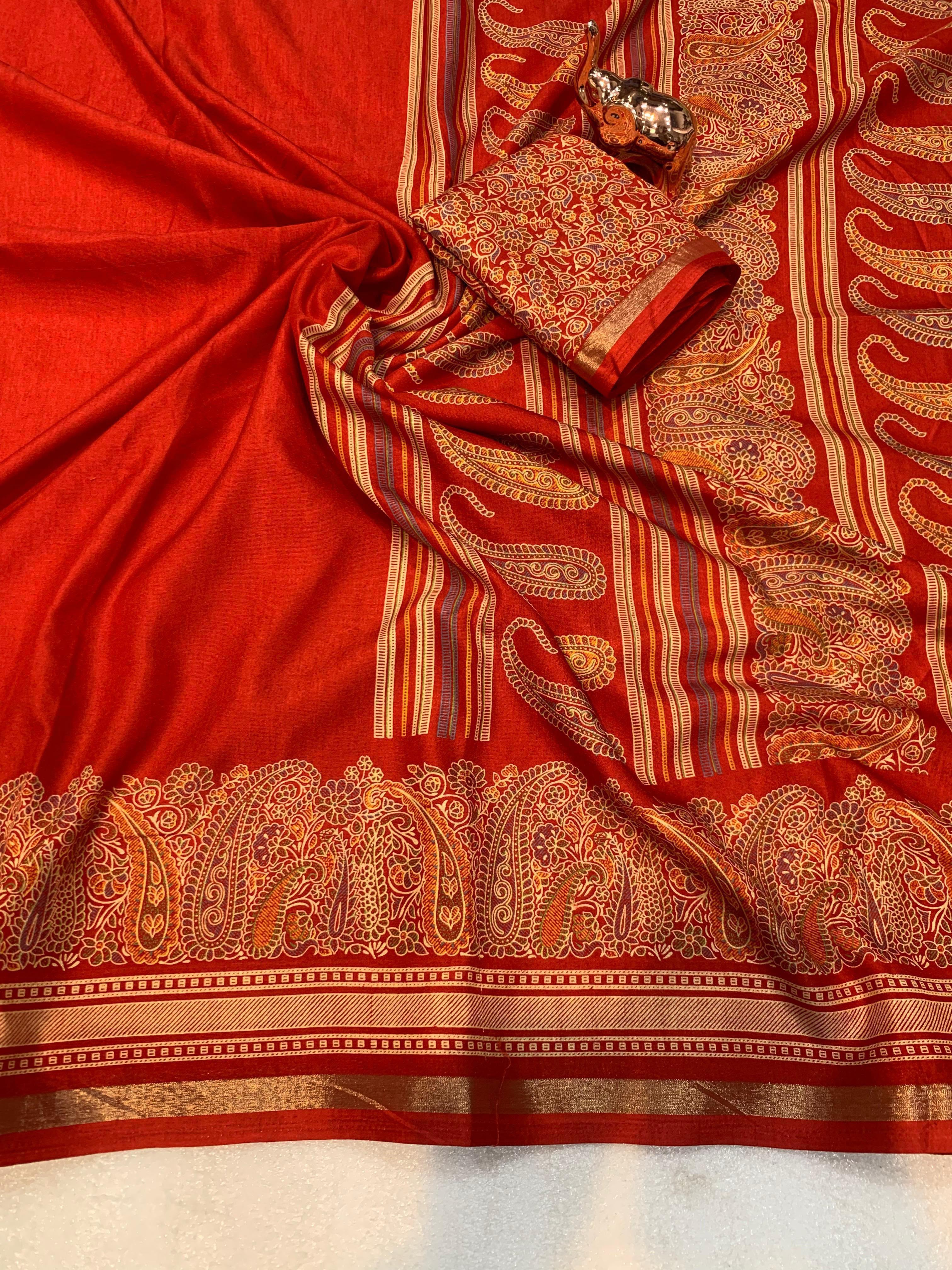 Charming Party Wear Pure Soft Tussar Silk Kashmiri Printed n Rich Pallu Border Fancy Saree With Blouse Piece