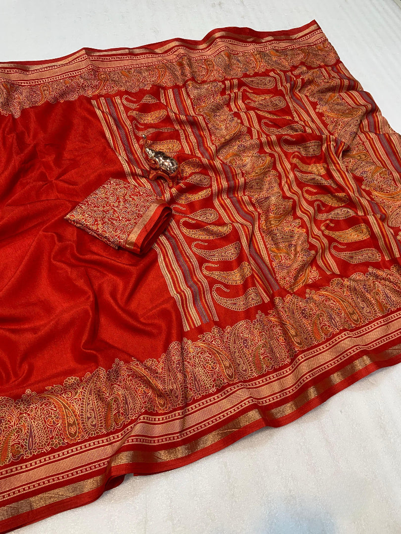 Charming Party Wear Pure Soft Tussar Silk Kashmiri Printed n Rich Pallu Border Fancy Saree With Blouse Piece