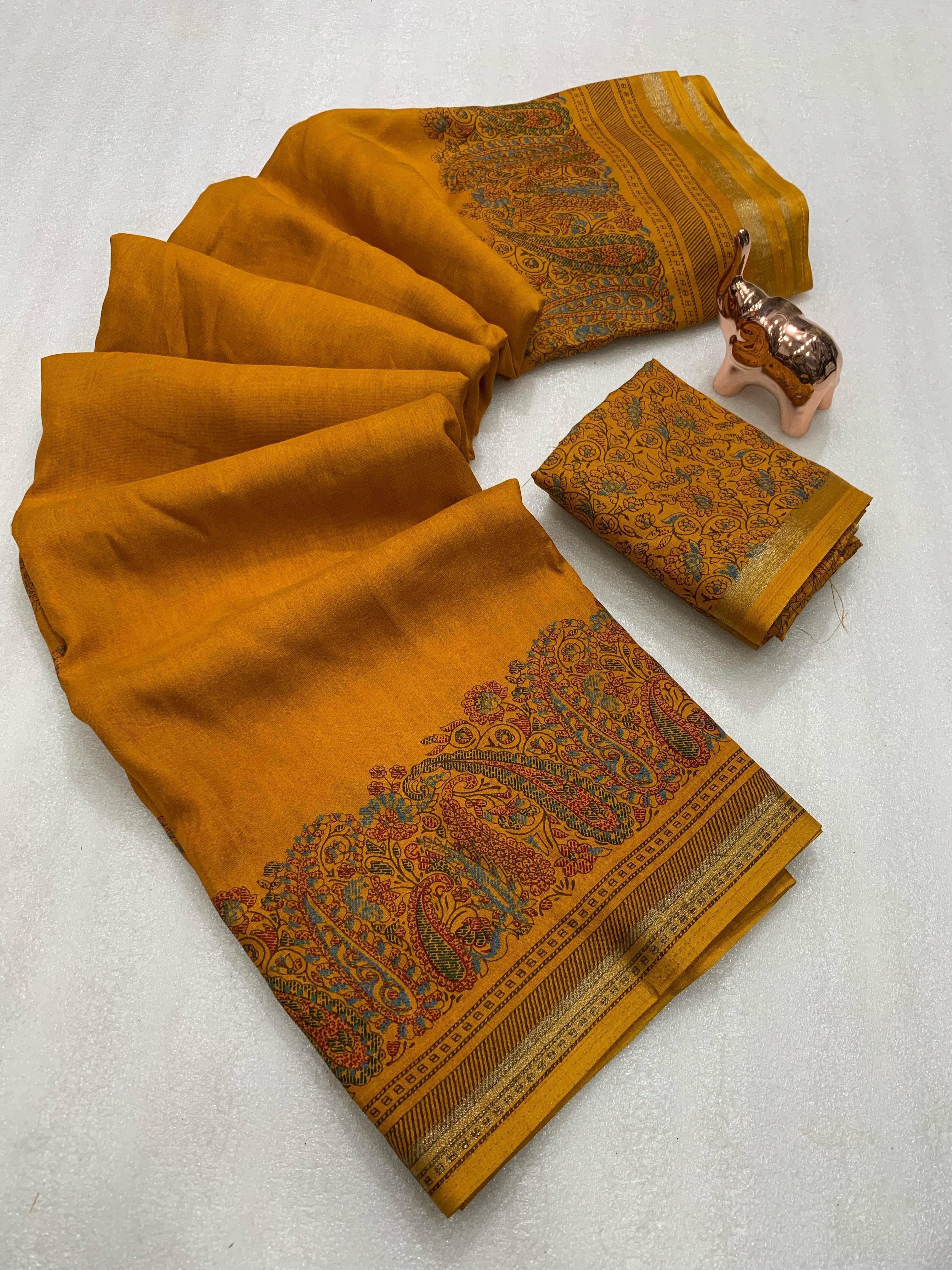 Charming Party Wear Pure Soft Tussar Silk Kashmiri Printed n Rich Pallu Border Fancy Saree With Blouse Piece
