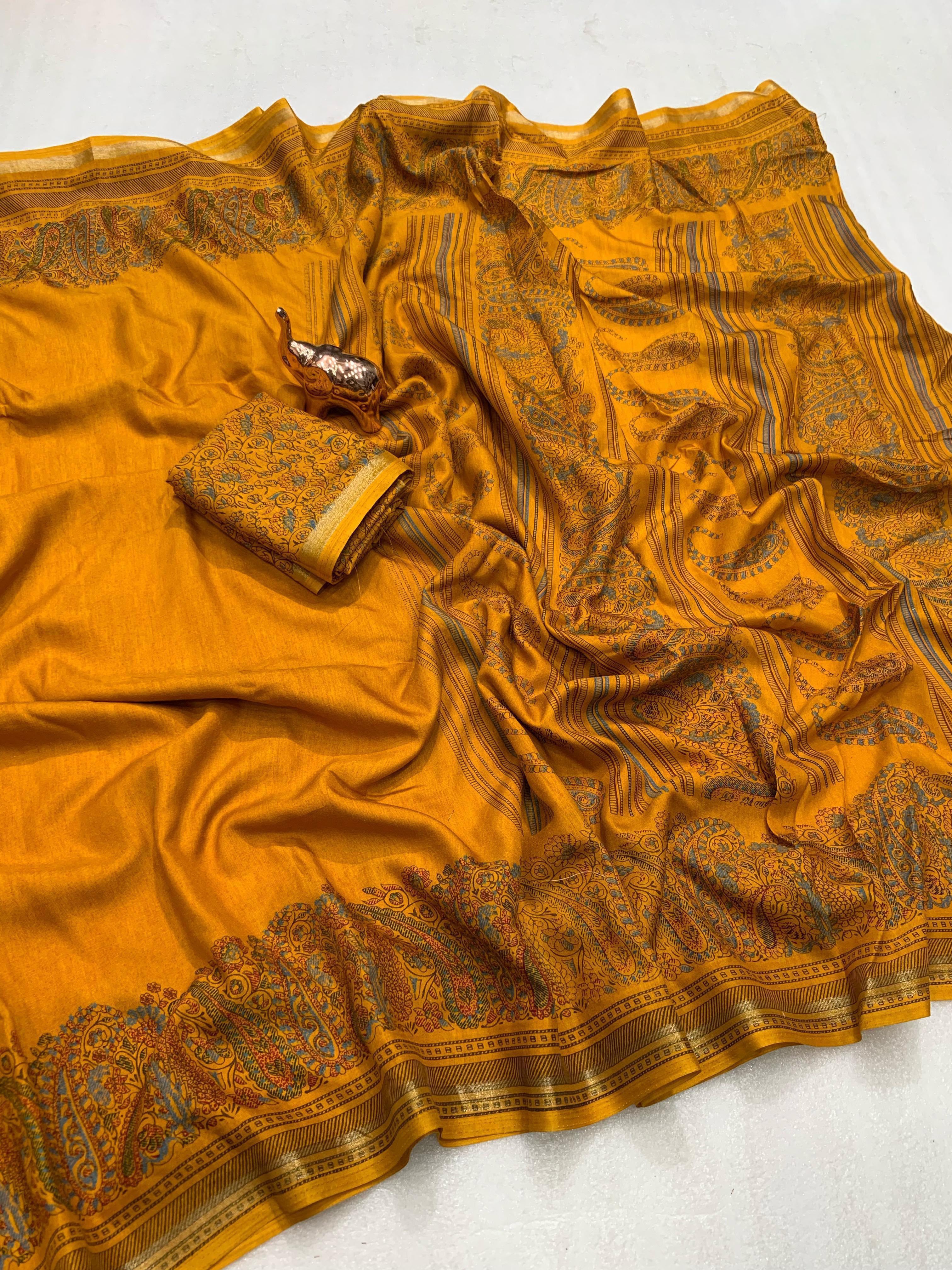 Charming Party Wear Pure Soft Tussar Silk Kashmiri Printed n Rich Pallu Border Fancy Saree With Blouse Piece