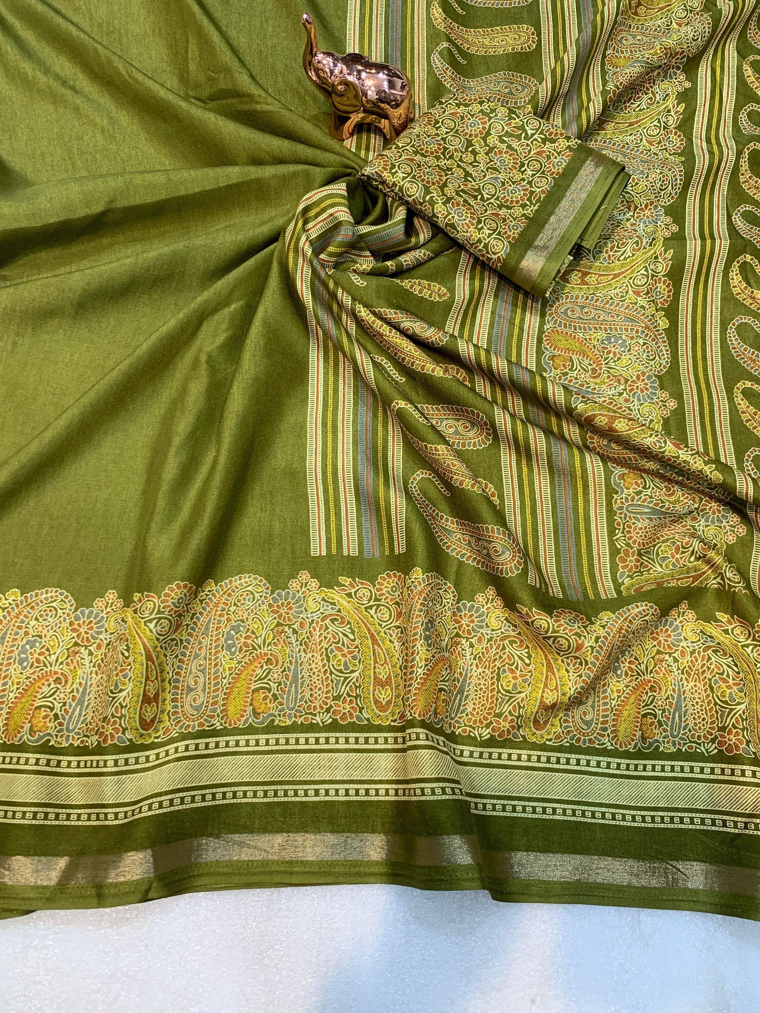 Charming Party Wear Pure Soft Tussar Silk Kashmiri Printed n Rich Pallu Border Fancy Saree With Blouse Piece