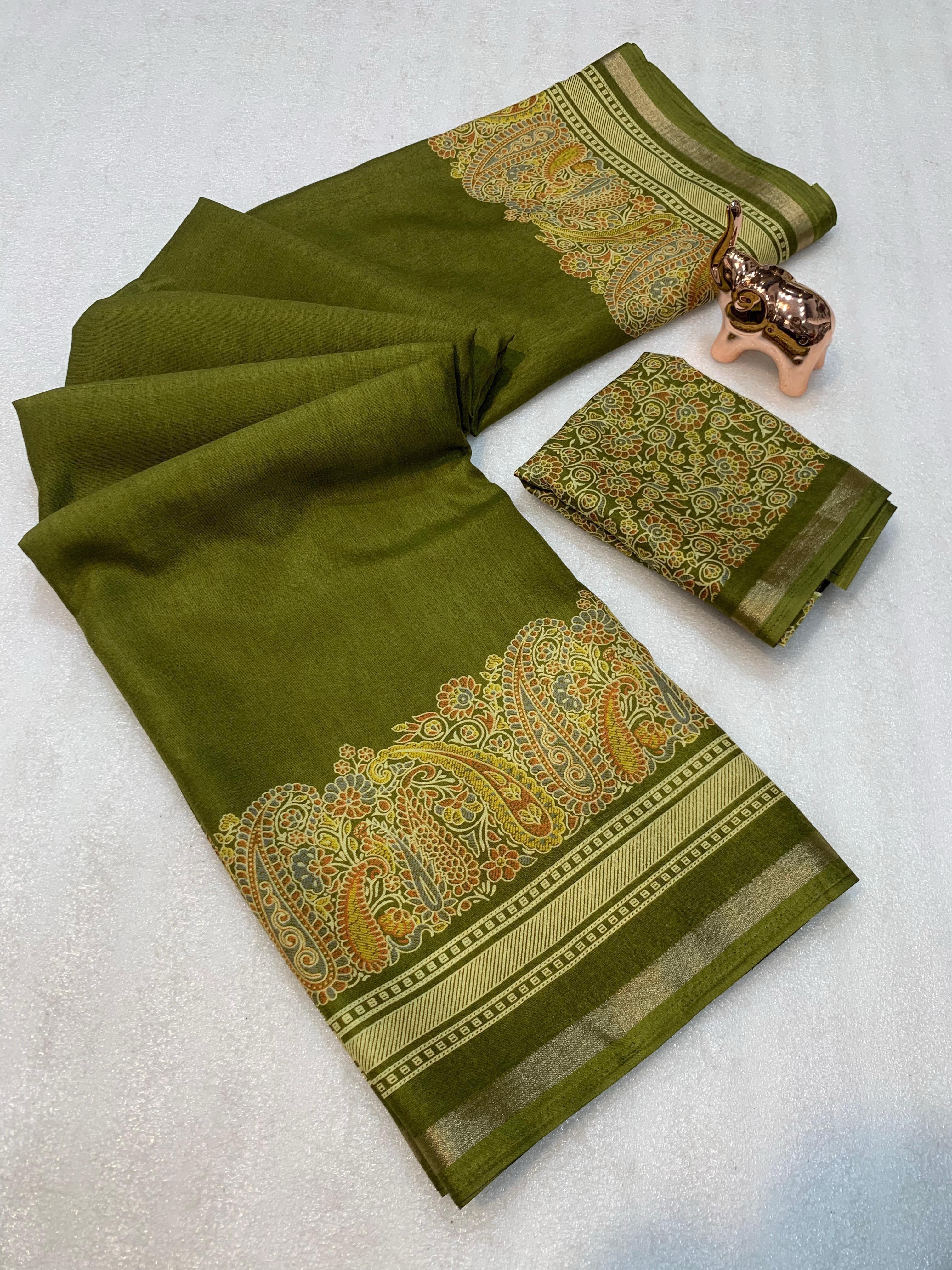 Charming Party Wear Pure Soft Tussar Silk Kashmiri Printed n Rich Pallu Border Fancy Saree With Blouse Piece