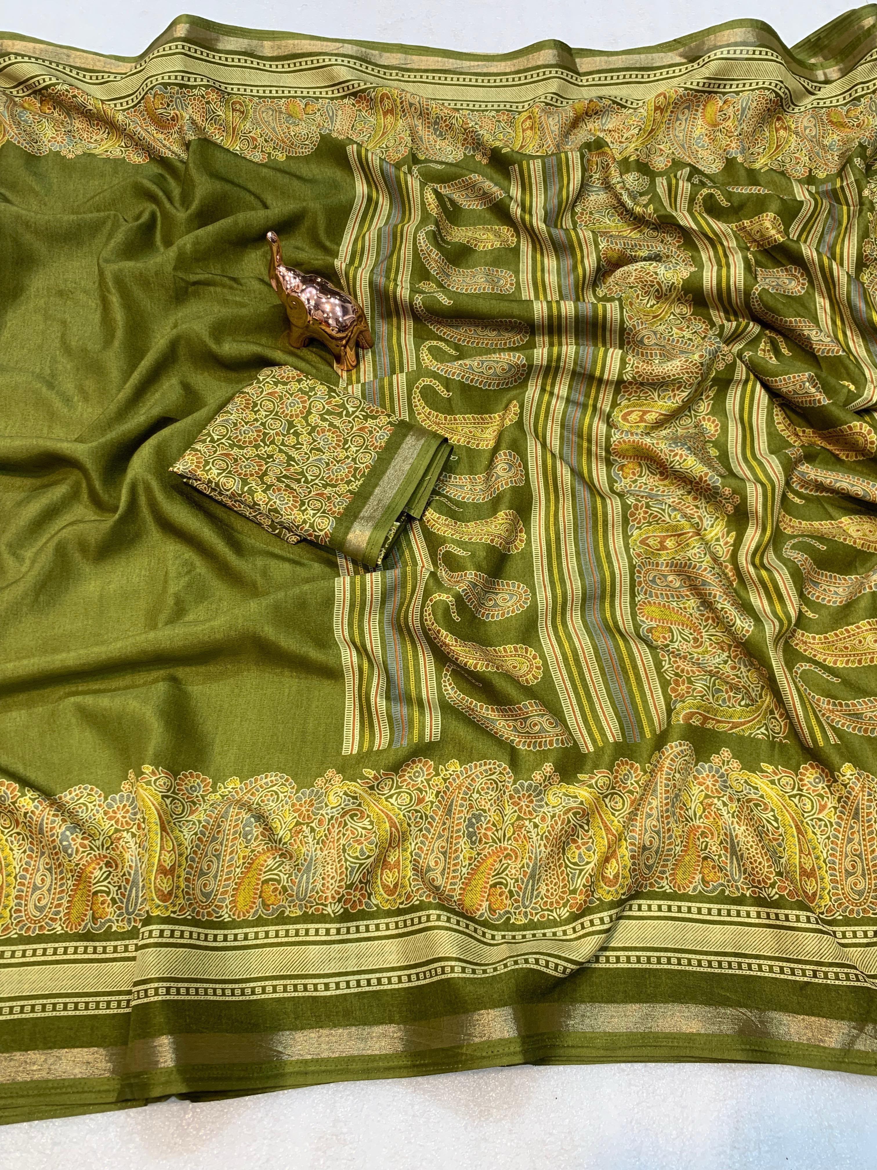 Charming Party Wear Pure Soft Tussar Silk Kashmiri Printed n Rich Pallu Border Fancy Saree With Blouse Piece