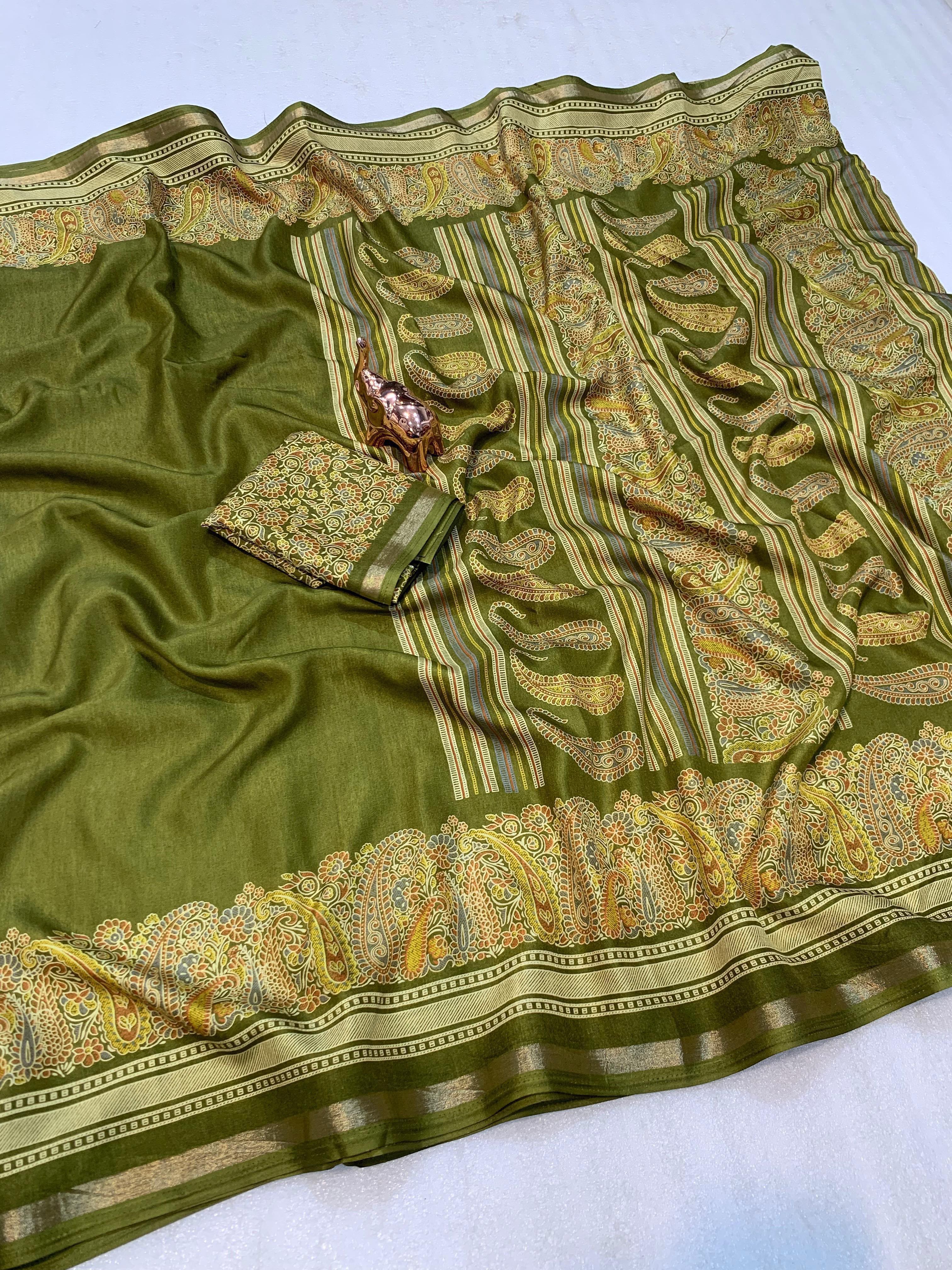 Charming Party Wear Pure Soft Tussar Silk Kashmiri Printed n Rich Pallu Border Fancy Saree With Blouse Piece