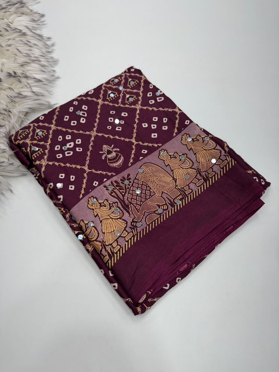 Desiring Function Wear Pure Satin Silk Ajrak Printed Rich Pallu n Original Mirror Work Designer Saree With Blouse Piece