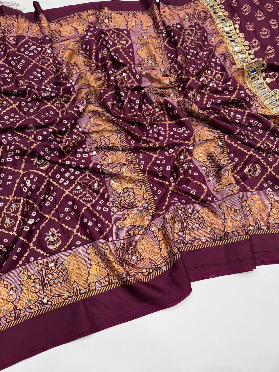 Desiring Function Wear Pure Satin Silk Ajrak Printed Rich Pallu n Original Mirror Work Designer Saree With Blouse Piece