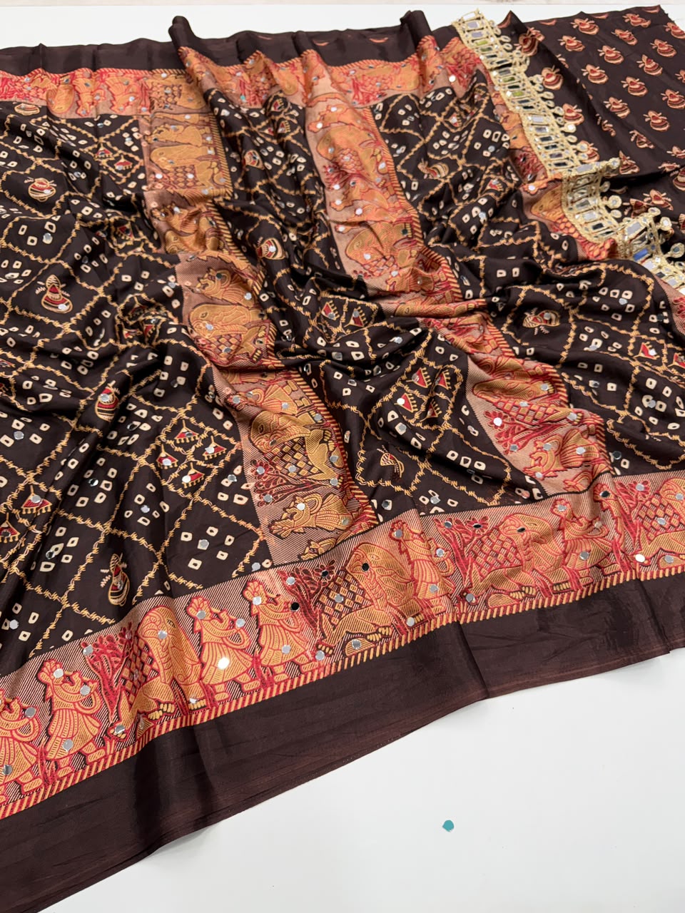 Desiring Function Wear Pure Satin Silk Ajrak Printed Rich Pallu n Original Mirror Work Designer Saree With Blouse Piece