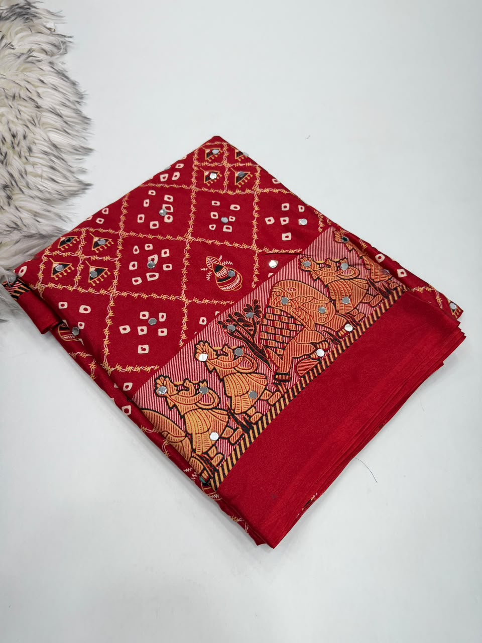 Desiring Function Wear Pure Satin Silk Ajrak Printed Rich Pallu n Original Mirror Work Designer Saree With Blouse Piece
