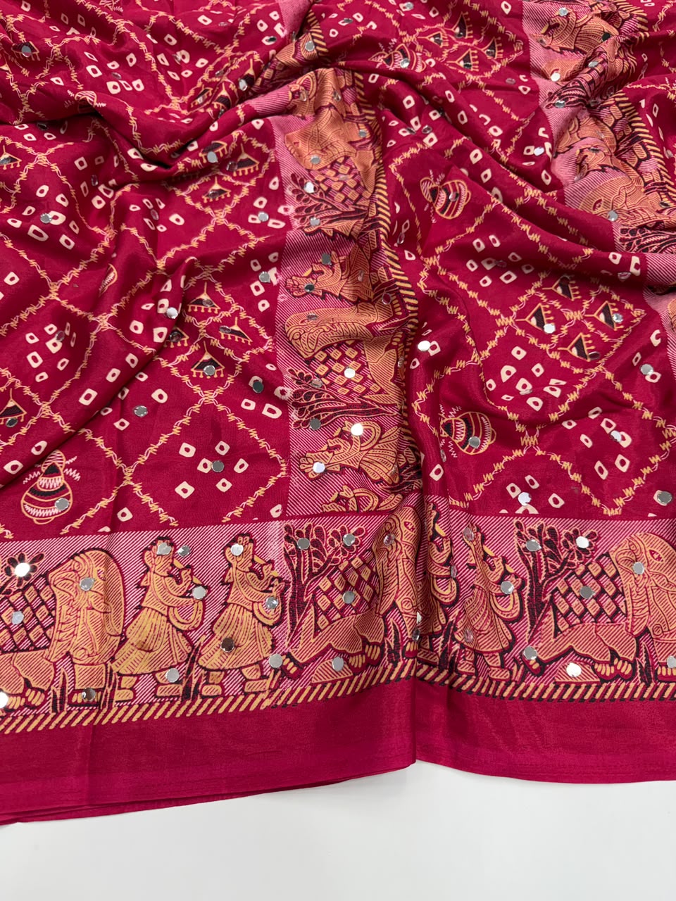 Desiring Function Wear Pure Satin Silk Ajrak Printed Rich Pallu n Original Mirror Work Designer Saree With Blouse Piece