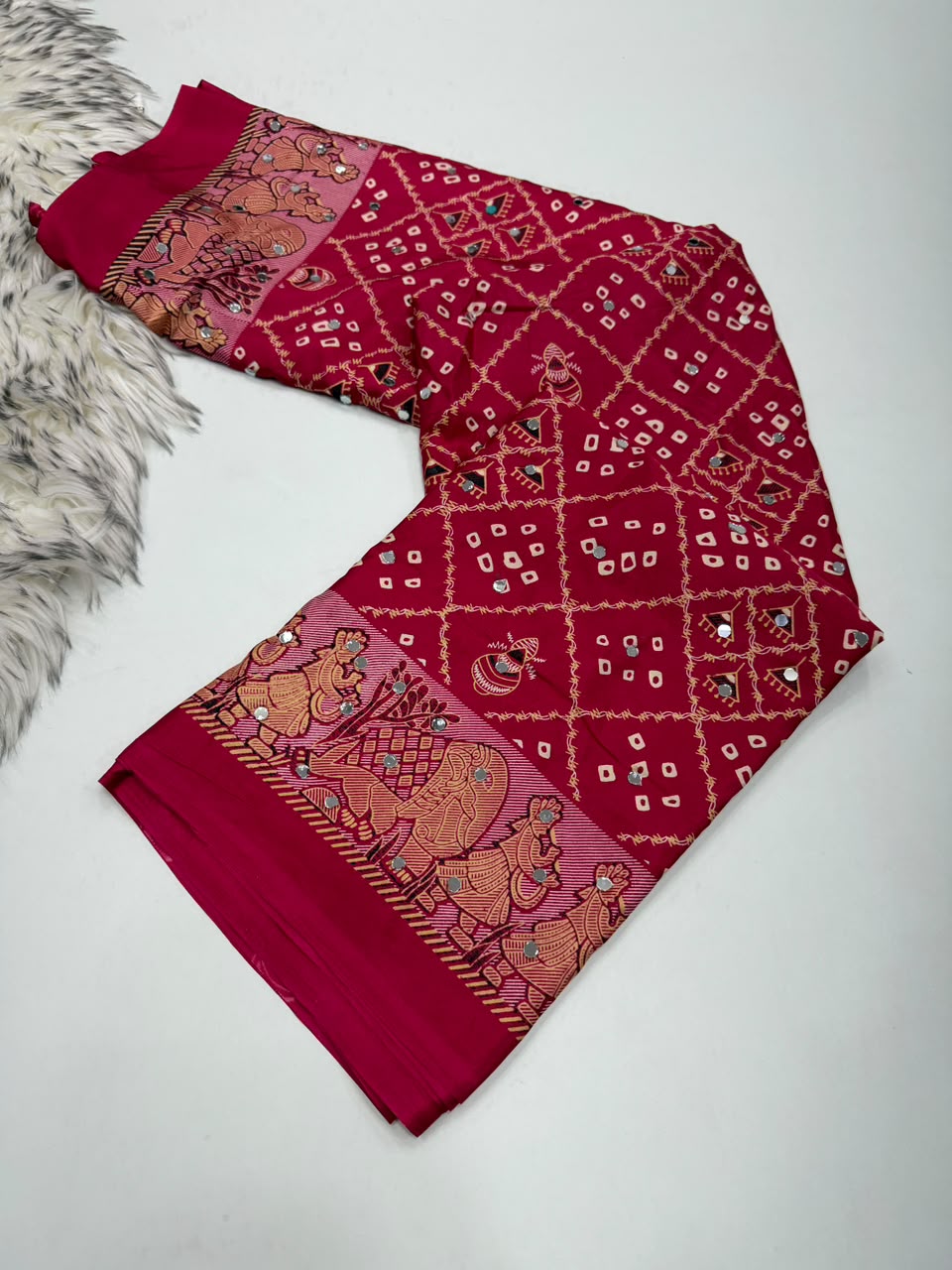 Desiring Function Wear Pure Satin Silk Ajrak Printed Rich Pallu n Original Mirror Work Designer Saree With Blouse Piece