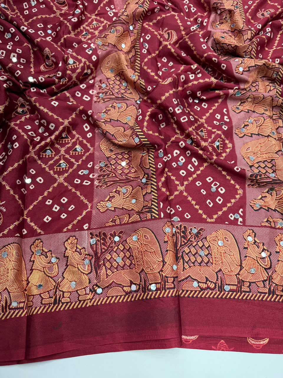 Desiring Function Wear Pure Satin Silk Ajrak Printed Rich Pallu n Original Mirror Work Designer Saree With Blouse Piece