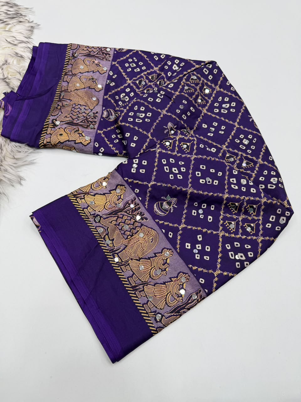 Desiring Function Wear Pure Satin Silk Ajrak Printed Rich Pallu n Original Mirror Work Designer Saree With Blouse Piece