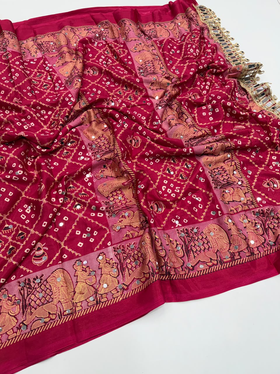 Desiring Function Wear Pure Satin Silk Ajrak Printed Rich Pallu n Original Mirror Work Designer Saree With Blouse Piece
