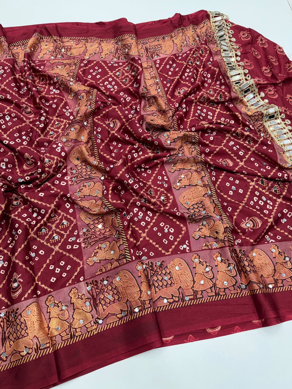 Desiring Function Wear Pure Satin Silk Ajrak Printed Rich Pallu n Original Mirror Work Designer Saree With Blouse Piece
